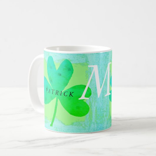 Green Lucky Three Leaf Klee Mit Monogramm Kaffeetasse (Vorderseite Links)