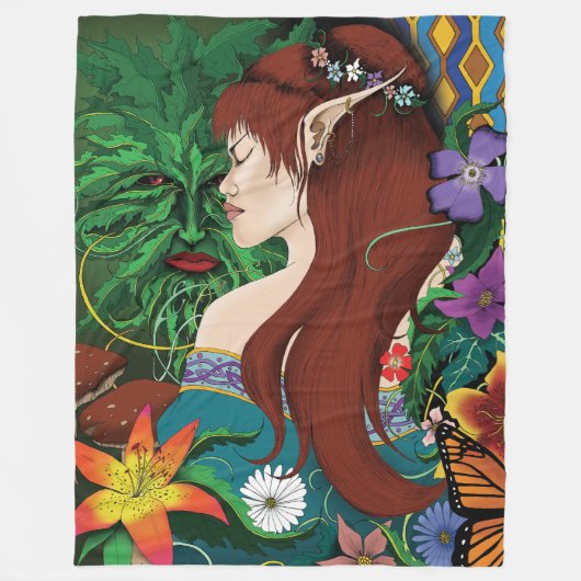 Green Man Elf Fantasy Floral Fleecedecke (Vorderseite)
