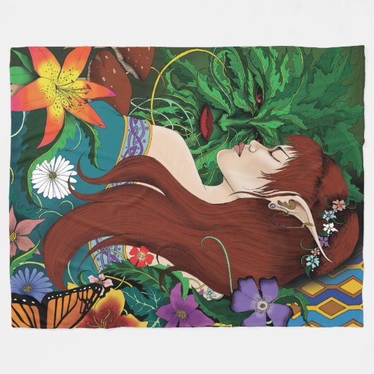 Green Man Elf Fantasy Floral Fleecedecke (Vorderseite (Horizontal))