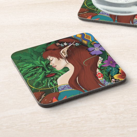 Green Man Elf Fantasy Floral Getränkeuntersetzer (Linke Seite)