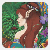 Green Man Elf Fantasy Floral Quadratischer Aufkleber (Vorderseite)