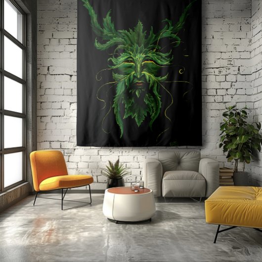 Green Man Fee Blätter Black Wandteppich