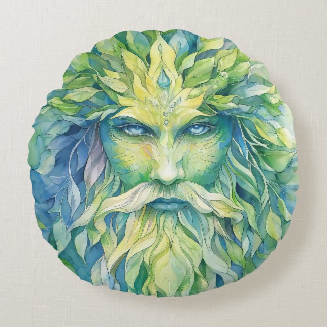 Green Man Rundes Kissen (Vorderseite)