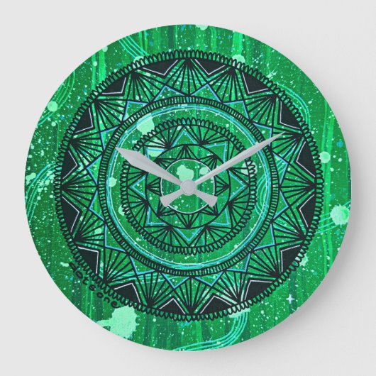 Green Mandala Clock Große Wanduhr (Vorderseite)
