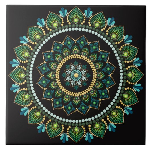 Green Mandala | handbemalt | Heilige Geometrie Fliese (Vorderseite)