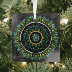 Green Mandala   handbemalt   Heilige Geometrie Ornament Aus Glas