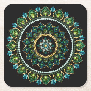 Green Mandala handbemalt Heilige Geometrie Rechteckiger Pappuntersetzer