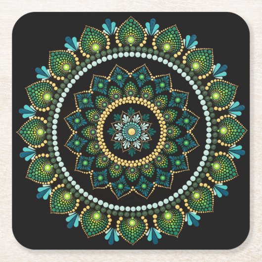 Green Mandala | handbemalt | Heilige Geometrie Rechteckiger Pappuntersetzer (Vorderseite)