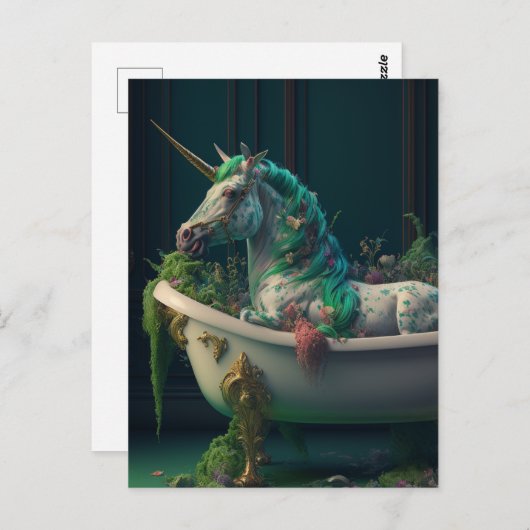 Green Mane Unicorn in der Tub Postkarte (Vorne/Hinten)