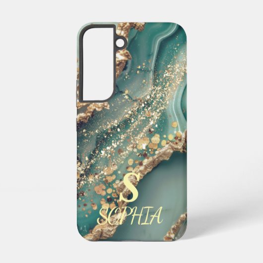 Green marble chic gold glitter monogram samsung galaxy hülle (Rückseite)