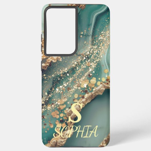 Green marble chic gold glitter monogram samsung galaxy hülle (Rückseite)
