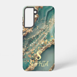 Green marble chic gold glitter monogram samsung galaxy hülle