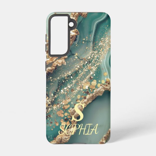 Green marble chic gold glitter monogram samsung galaxy hülle (Rückseite)