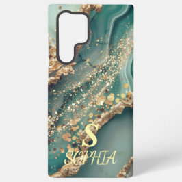 Green marble chic gold glitter monogram samsung galaxy hülle
