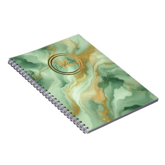 Green Marble Gold Glitzer Accents Name and Initial Notizblock (Rechte Seite)