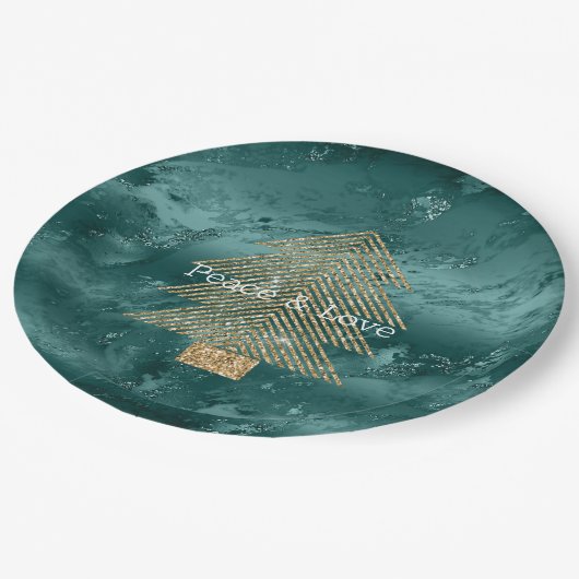 Green Marble Gold Glitzer Weihnachtsbaum Pappteller (Schrägansicht)