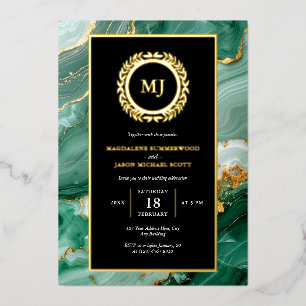 Green Marble Gold Laurel Wappen & Black Einladung