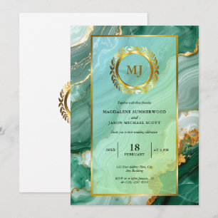 Green Marble Gold Laurel Wappen & Frame Wedding Einladung