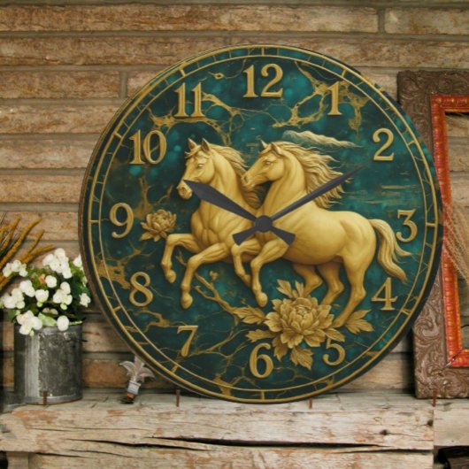 Green marble luxury Gold horse Große Wanduhr
