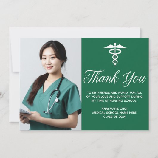 Green Medical School Graduation Photo Custom Dankeskarte (Vorderseite)