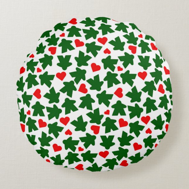 Green Meeple with Red Heart Rundes Kissen (Vorderseite)
