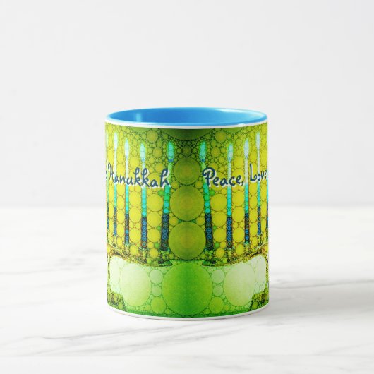 Green Menorah Peace Liebe Hanukkah Modern Script Tasse (Zentrum)