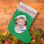 Green Merry Custom Foto Name Unique Fun Kleiner Weihnachtsstrumpf<br><div class="desc">Custom Foto individuelle Name grün moderne Fleece drucken Kleiner Weihnachtsmarkt Strumpf</div>
