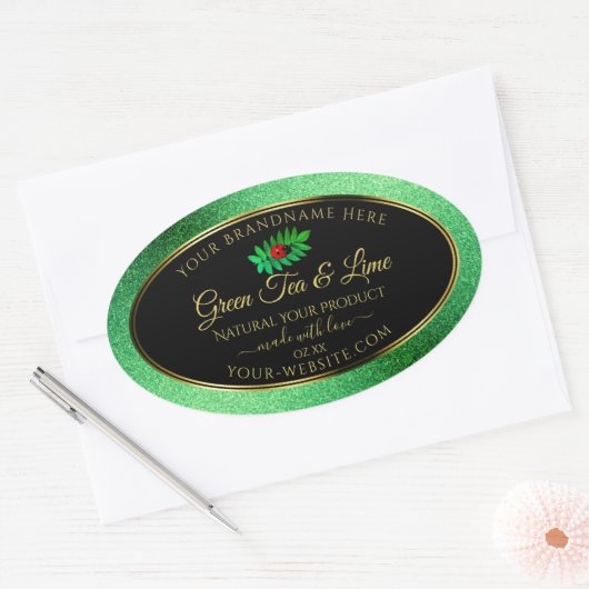 Green Metallic Glitzer Black Product Label Ladybug Ovaler Aufkleber (Umschlag)