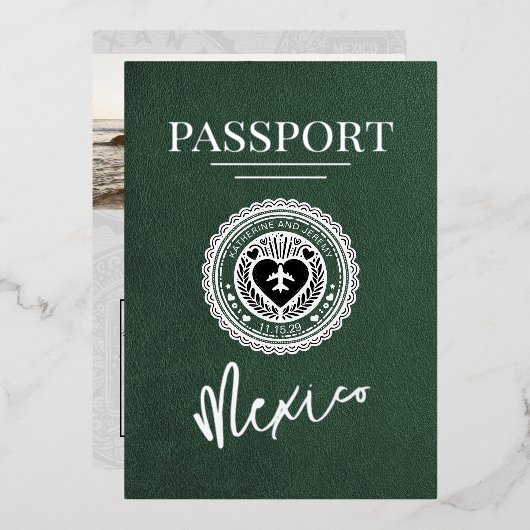 Green Mexico Passport Hochzeit Folieneinladung (Vorderseite/Rückseite)