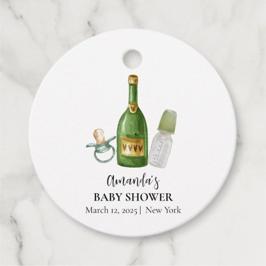Green Minimal Poppin Champagner Flaschen Babydusch Geschenkanhänger (Vorderseite)