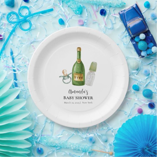 Green Minimal Poppin Champagner Flaschen Babydusch Pappteller (Party)