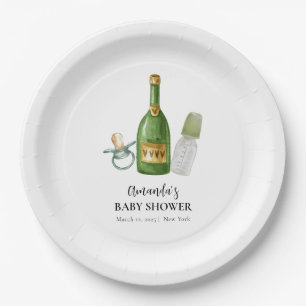 Green Minimal Poppin Champagner Flaschen Babydusch Pappteller