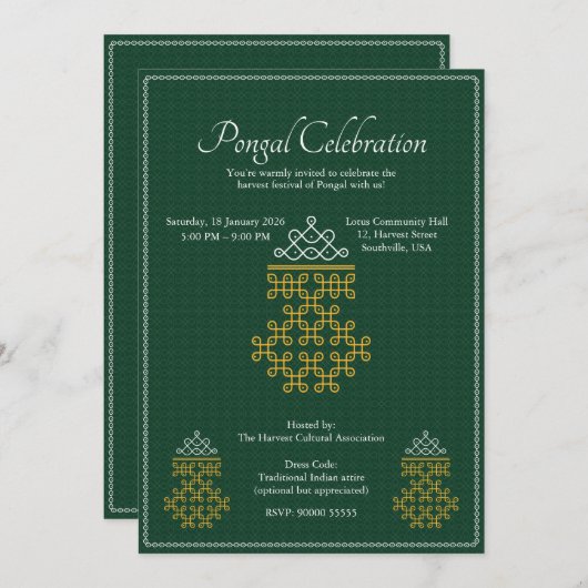 Green Minimal Tamil Kolam Pongal Einladung (Vorne/Hinten)
