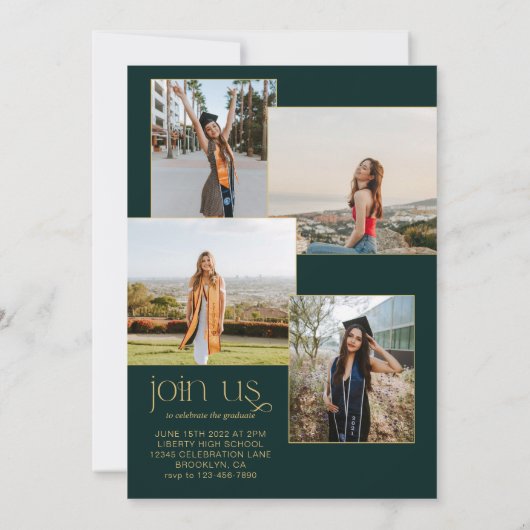 Green Minimalistisch Classy Foto Collage Abschluss Einladung (Rückseite)