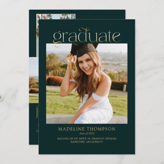 Green Minimalistisch Classy Foto Collage Abschluss Einladung (Vorne/Hinten)