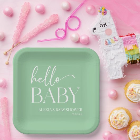 Green Minimalistisch Hello Baby Babydusche Pappteller (Party)