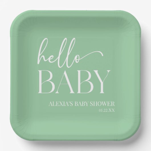 Green Minimalistisch Hello Baby Babydusche Pappteller (Vorderseite)