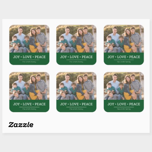 Green Minimalistisch Joy Liebe Peace Holiday Foto Quadratischer Aufkleber (Blatt)