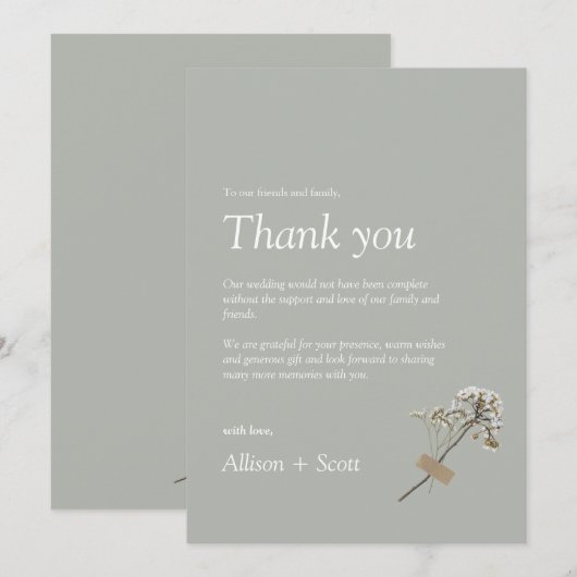 Green Minimalistisch Script Hand Press Floral Flat Dankeskarte (Vorne/Hinten)