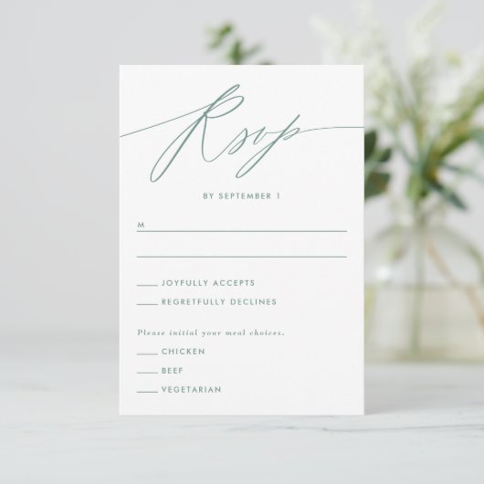 Green Minimalistische Script Response Card RSVP Karte (Stehend Vorderseite)