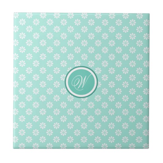Green Mint Daisies Mit Monogramm Fliese (Vorderseite)