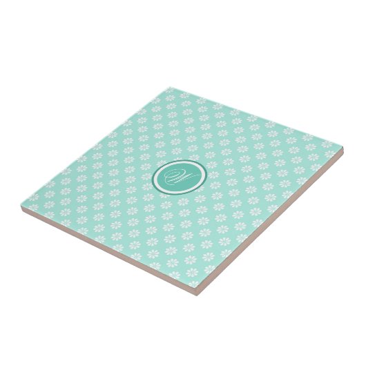 Green Mint Daisies Mit Monogramm Fliese (Seite)