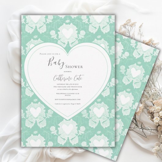 Green Mint Floral Whimsical Heart Baby Shower  Einladung