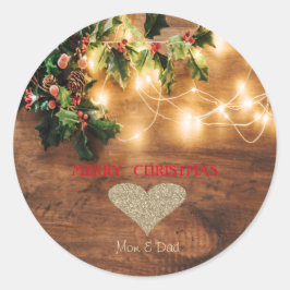 Green Mistletoe, String Lights, Weihnachten Runder Aufkleber