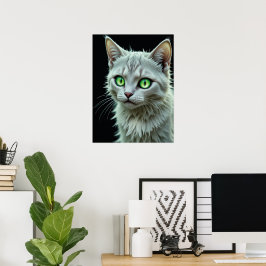 Green Mit Augen Cat Portrait Mystical Cat Art Poster