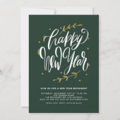 Green Modern Calligraphy and Wreath New Year Party Einladung (Vorderseite)