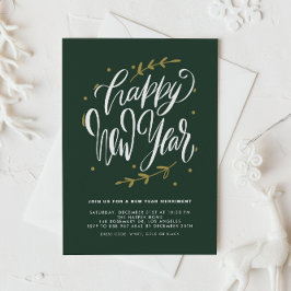 Green Modern Calligraphy and Wreath New Year Party Einladung