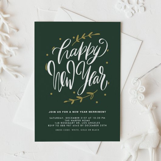 Green Modern Calligraphy and Wreath New Year Party Einladung