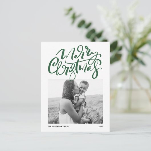 Green Modern Calligraphy Foto Frohe Weihnachten (Stehend Vorderseite)