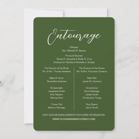 Green Modern Chic Script Wedding Entourage Einladung (Rückseite)